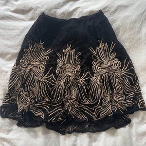 Soft Surroundings Embroidered Chiffon Black Knee Skirt Size M Gold Embroidery